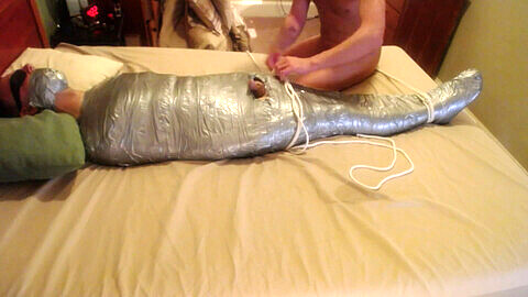 Duct tape mummification, men bound and gagged, duct tape wrap gag