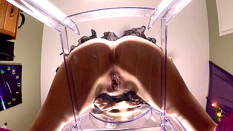 Dark-haired, ejaculation, glass chair dildo