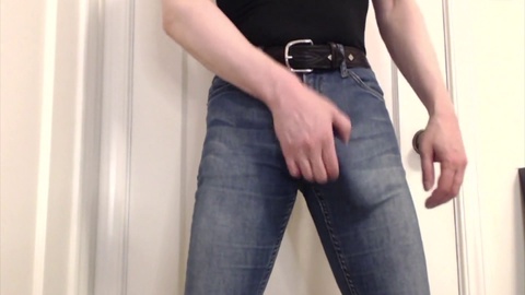 Double camera action: cumming in super tight jeans and equestrian boots