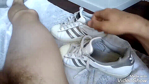 Girlfriend's Adidas Superstar gets soaked in piss, fucked and jizzed on