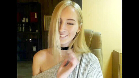 Busty blonde plays with her huge tits on webcam for amateur homemade orgasm show