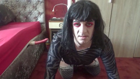 Bi-curious crossdresser Mark Wright explores his desires with a toy before pleasuring it with a double blowjob