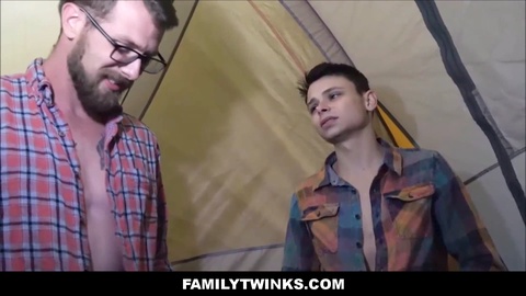 Stepdad and Alex Killian take advantage of camping trip to have bareback anal sex in the tent with his stepson Austin Lock and his friend Austin Xanders there!
