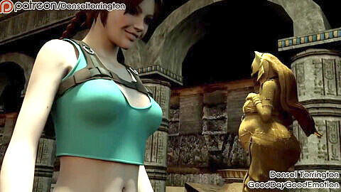 Lara croft alien monster, lara croft and house, aufpumpen bauch