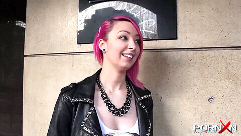 European nubile with pink hair pees in her pants in public