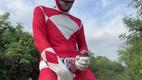 Powerful Ranger strokes his mighty shaft outdoors