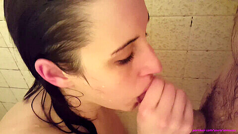 Noisy blowjob and oral creampie in the shower, with some gagging and swallowing!