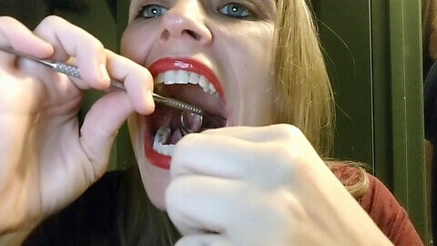 Dental hygienist, big tongue, red lipstick