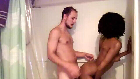 Babe, ebony, interracial shower