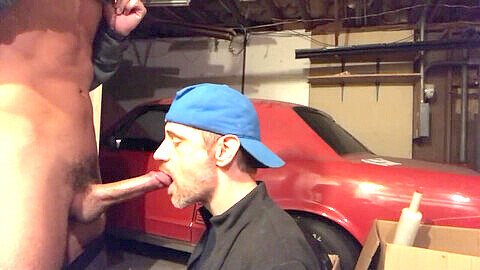 Satisfying the mechanic's hunger with a deepthroating oral session in the garage!