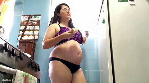 Eva lovia weight gain, full sloshy belly, isabella belly stuffing sloshy
