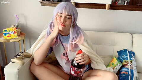 Hot gamer girl, indigowhite cosplay, eating junk food