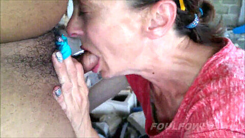 Old woman does deep throat on POV closeups