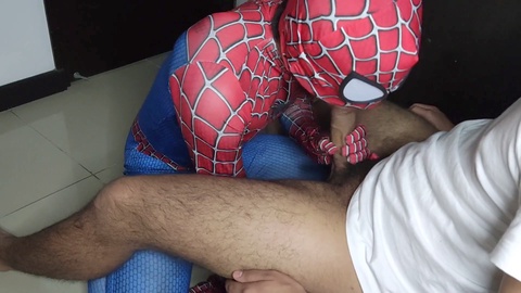 I indulge Spiderman's oral cravings with my thick pink shaft
