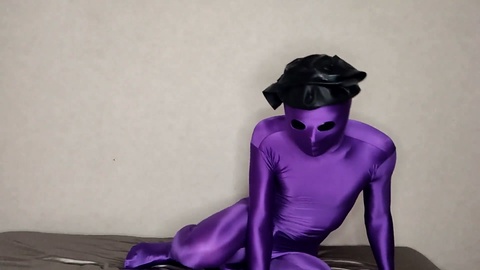 Intense breath control kink with layered purple zentai, microhole rubber mask, and sighing management mask