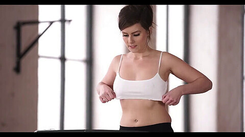 Public gym flashing, treadmill, downblouse show nipple