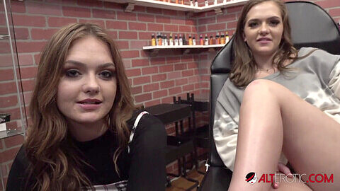 Naughty twin sisters Joey and Sami White get tatted up and take turns deepthroating a huge cock