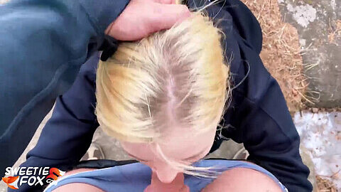 Naughty blonde sucks man's cock and gets hard pussy fuck in the forest