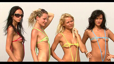 Sexy string bikini cosplay featuring Tess Lyndon, Pinky June, and Claudie Silke