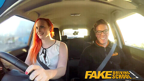 Tattooed college girl at fake driving school craves her instructor's huge cock