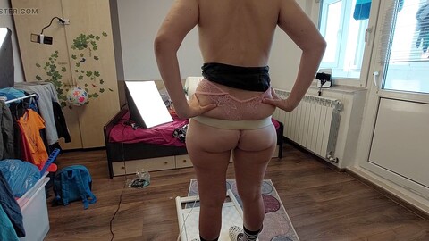 Naked amateur wife doing yoga with a hairy pussy and a big ass, while sucking on her juicy pussy