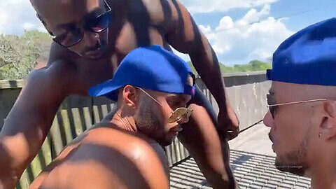 Intense bareback threesome with muscular black hunks in a wild gay orgy