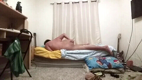 Chubby guy pounds his sheets and shoots his load for his buddy