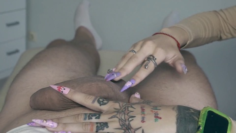 Long nails scratching cock, balls, foreskin and peehole