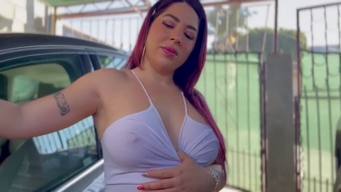 Busty Brazilian babe with red hair washes car and gets covered in my hot cum