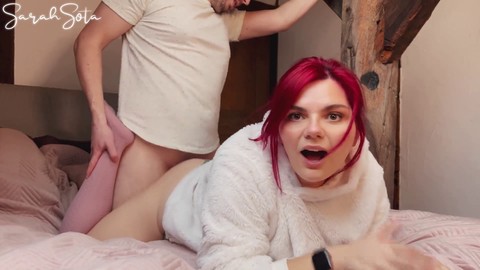 Chubby redhead Sarahsota in fuzzy sweater and knee high socks suck and fuck before getting ravished from behind