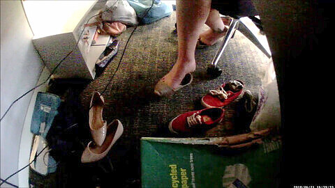 Flats shoeplay, girl shoeplay shoes off, office feet under table