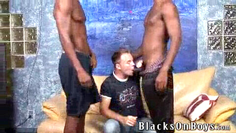 Un chico lechoso comparte su trasero con dos sementales negros colgados en un trío gay intenso.