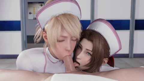 Horny nurses Luna and Aerith suck a big cock - Part 3