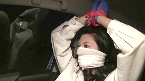 Japanese gloves nurse, scarf gagged, medias largas atada