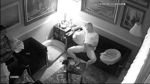 Blonde straight boyfriend caught on security camera jerking off to porn and cumming