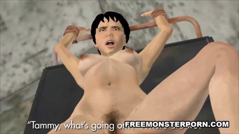 Buxom brunette gives a blow job to a zombie's penis in 3D