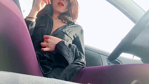 Milf in the car, natural tits smoker, playing pantyhose