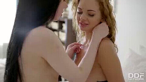 Gorgeous lesbian teens Emily Thorne and Evelyn experiment with their new sex toys