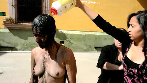Nude performance art, bodypaint public, moist