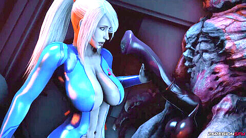 Samus wird von einem monströsen Hölle-Ritter in blauer Rüstung durchbohrt - eine von Doom inspirierte Animation