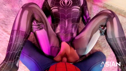 Sensational Halloween: Asian Spidergirl in snug outfit gets creampied